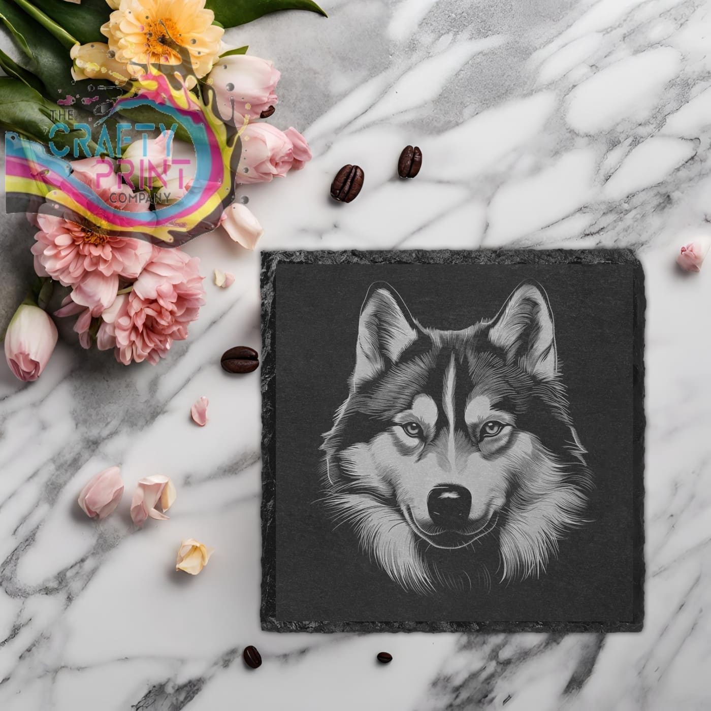 Siberian Husky Engraved Slate Coaster - Square
