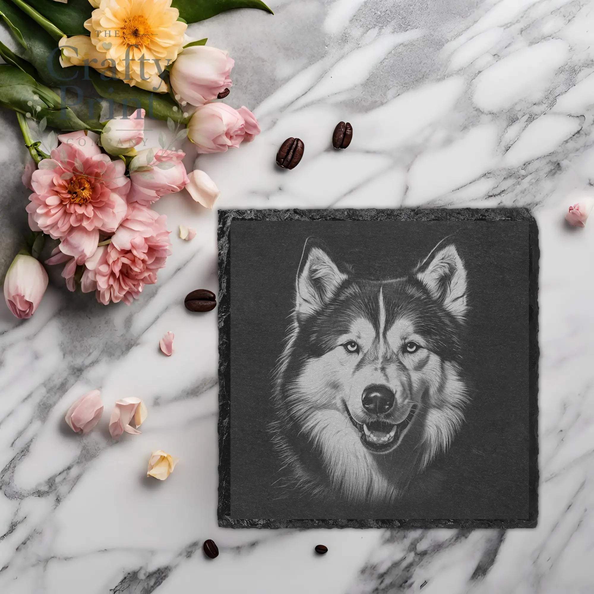Siberian Husky Engraved Slate Coaster - Square / V2