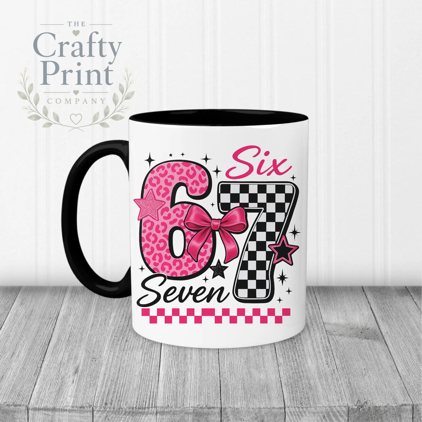 Six Seven Pink Leopard Check Mug - Black Handle & Inner