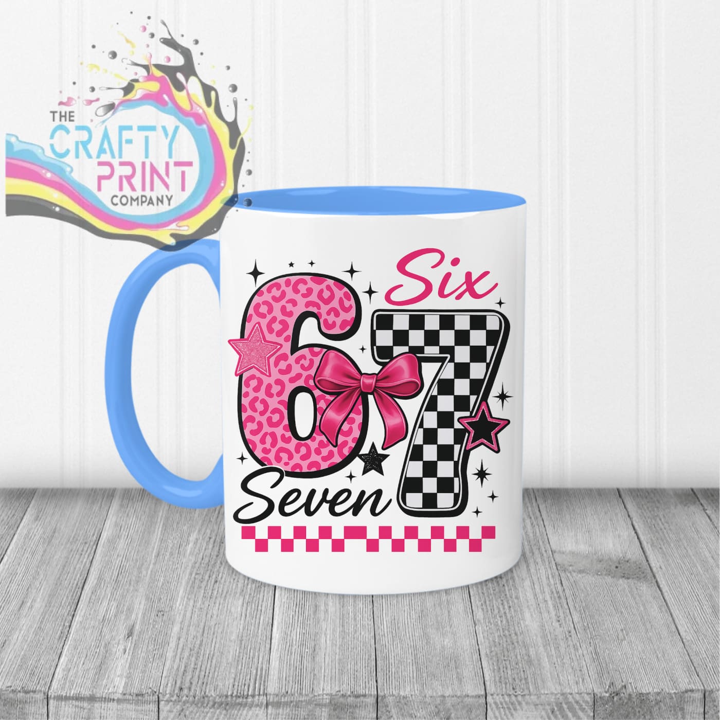 Six Seven Pink Leopard Check Mug - Blue Handle & Inner
