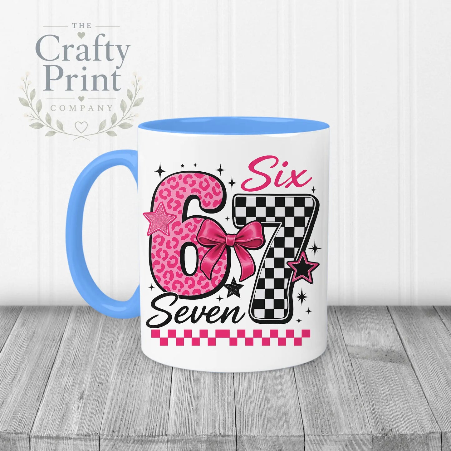 Six Seven Pink Leopard Check Mug - Blue Handle & Inner