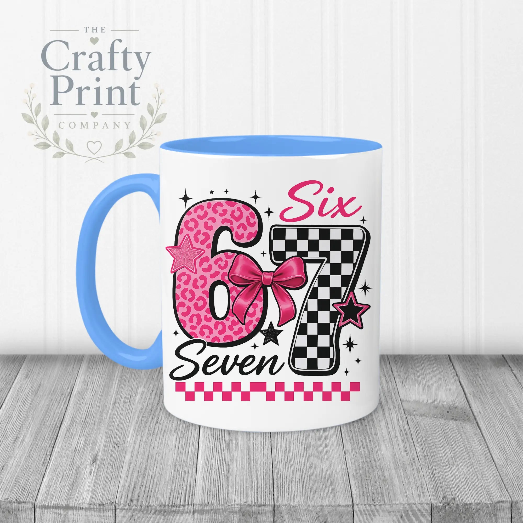 Six Seven Pink Leopard Check Mug - Blue Handle & Inner