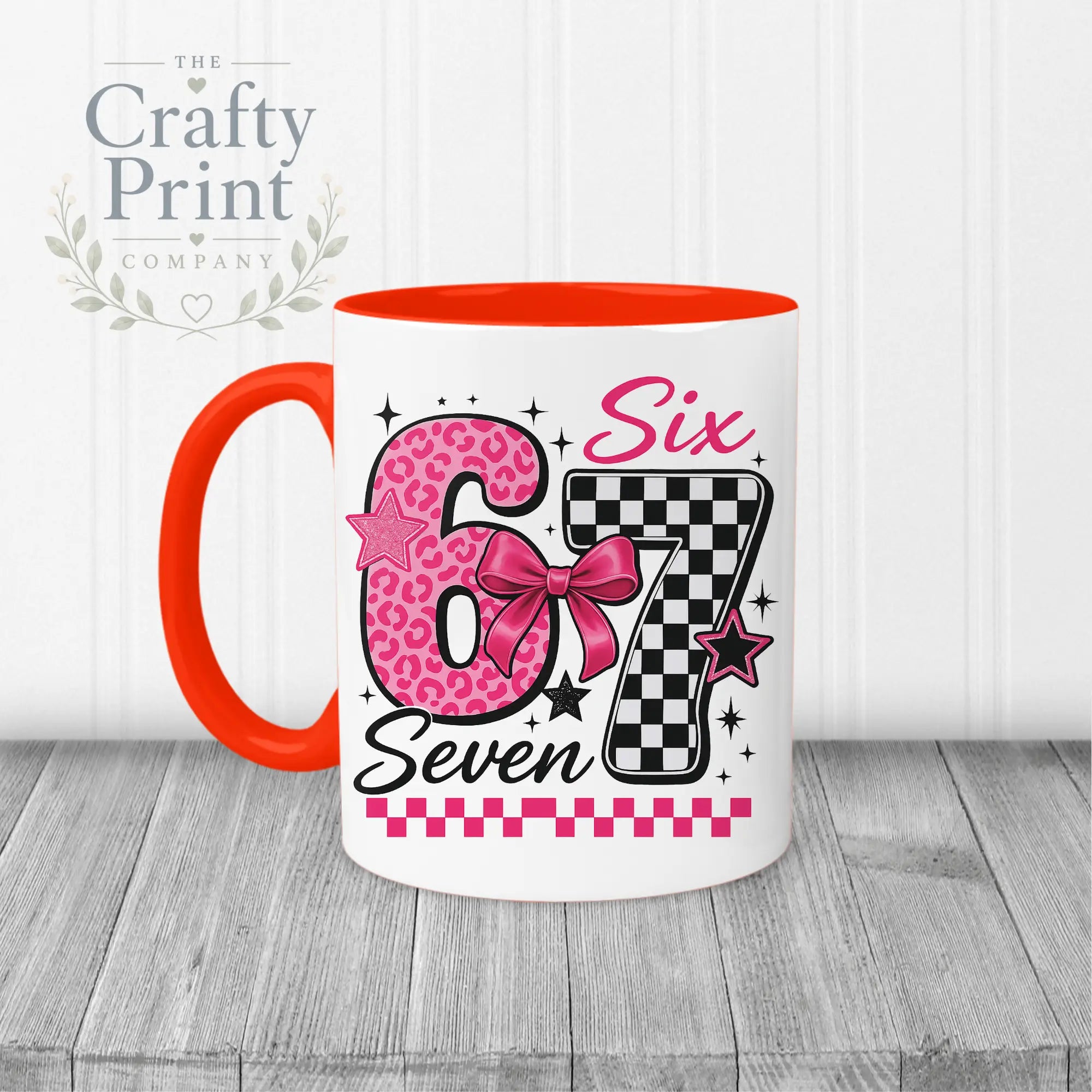 Six Seven Pink Leopard Check Mug - Red Handle & Inner - Mugs