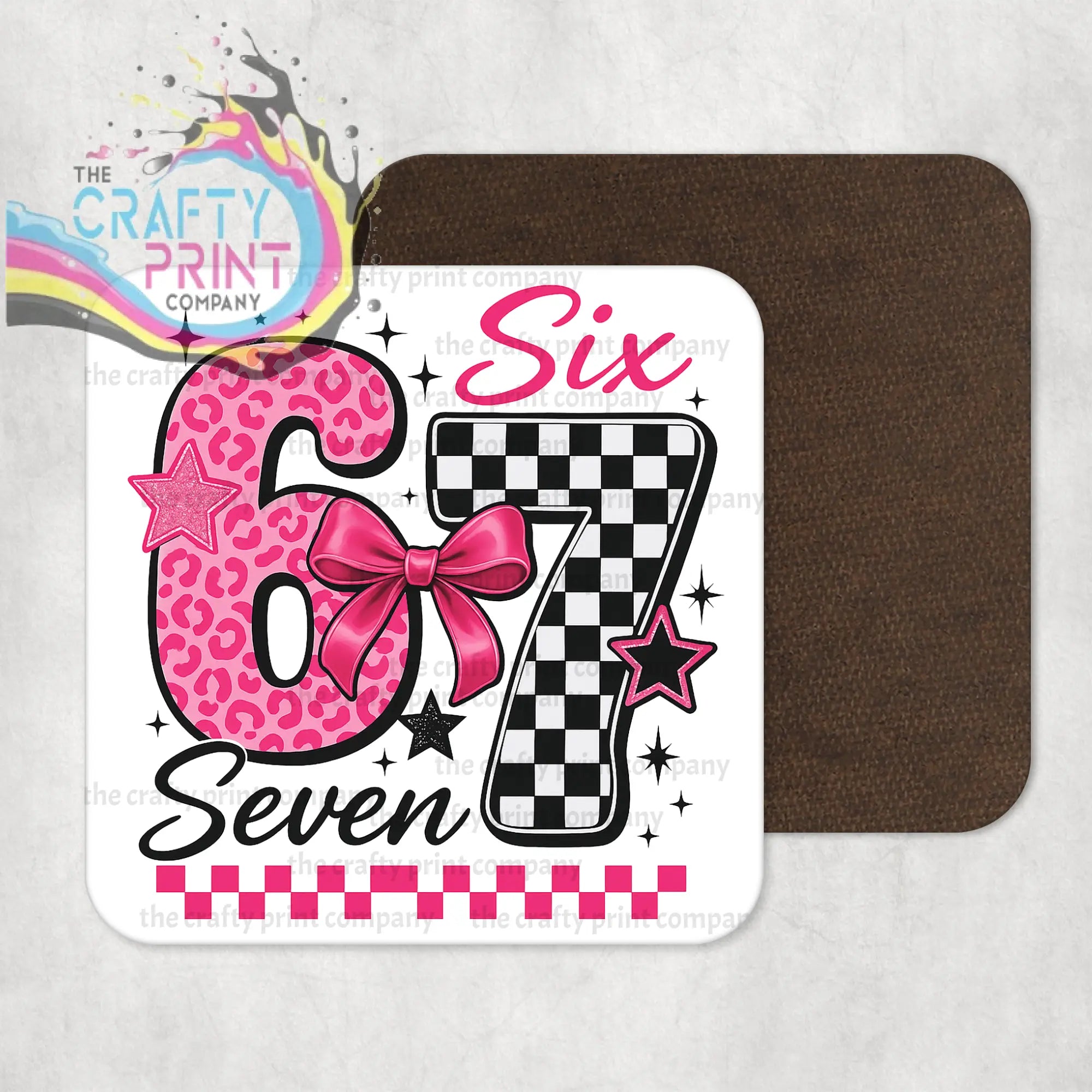 Six seven pink leopard check high gloss number six coaster with pink bow on white checkered background