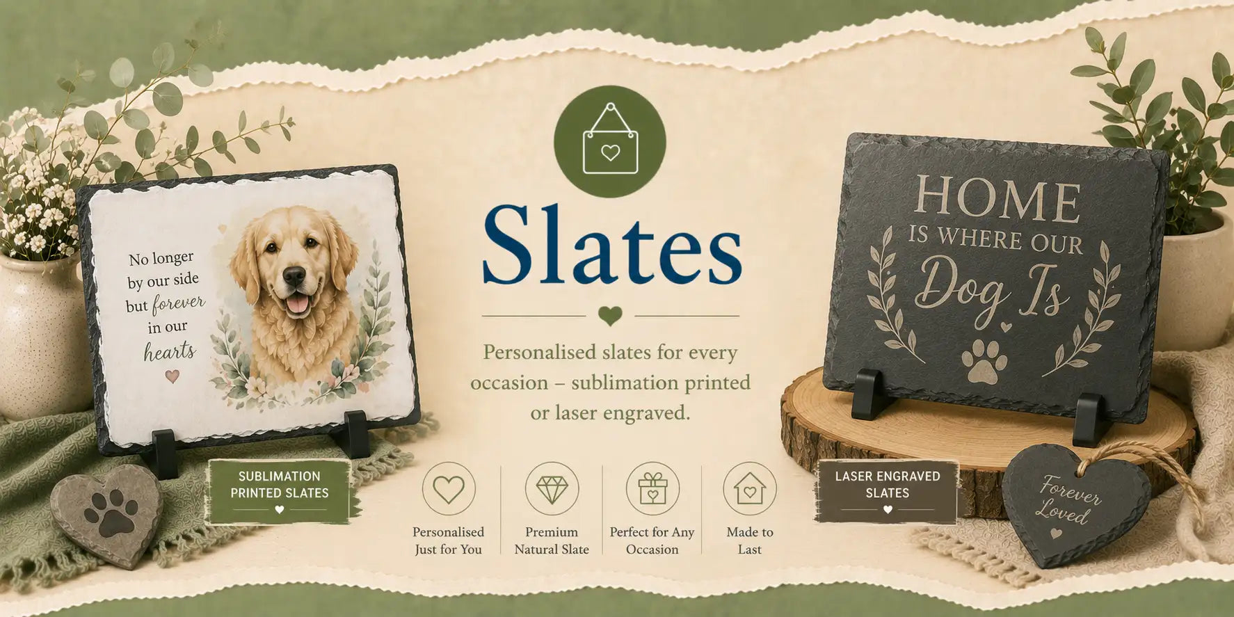 A personalized golden retriever sublimation-printed slate with a decorative wreath border and heartfelt inscription.