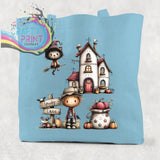 Light blue cotton re-usable tote bag with spooky lane halloween illustration of witch cat haunted house and scarecrow