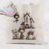 Beige cotton re-usable tote bag featuring spooky lane halloween illustration with witch cat, scarecrow, pumpkins, and house