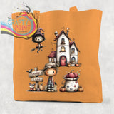 Orange cotton re-usable tote bag with spooky lane halloween design featuring a witch cat haunted house and scarecrow