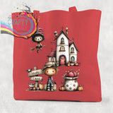Red cotton re-usable tote bag featuring a spooky lane halloween illustration with witch cat haunted house and scarecrow