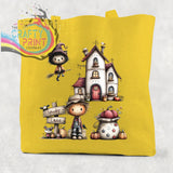 Yellow cotton re-usable tote bag featuring spooky lane halloween illustration with witch cat haunted house and scarecrow