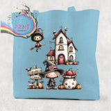 Light blue cotton re-usable tote bag with spooky lane halloween witch illustration of witches pumpkins and house