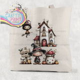 Beige cotton re-usable tote bag featuring spooky lane halloween witch illustration with cat on broomstick and cozy cottage