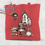 Red cotton re-usable tote bag featuring a spooky lane halloween illustration of witches haunted house and pumpkins