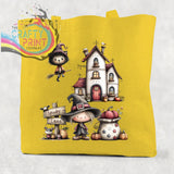 Bright yellow cotton re-usable tote bag with spooky lane halloween witch cat broomstick and house illustration