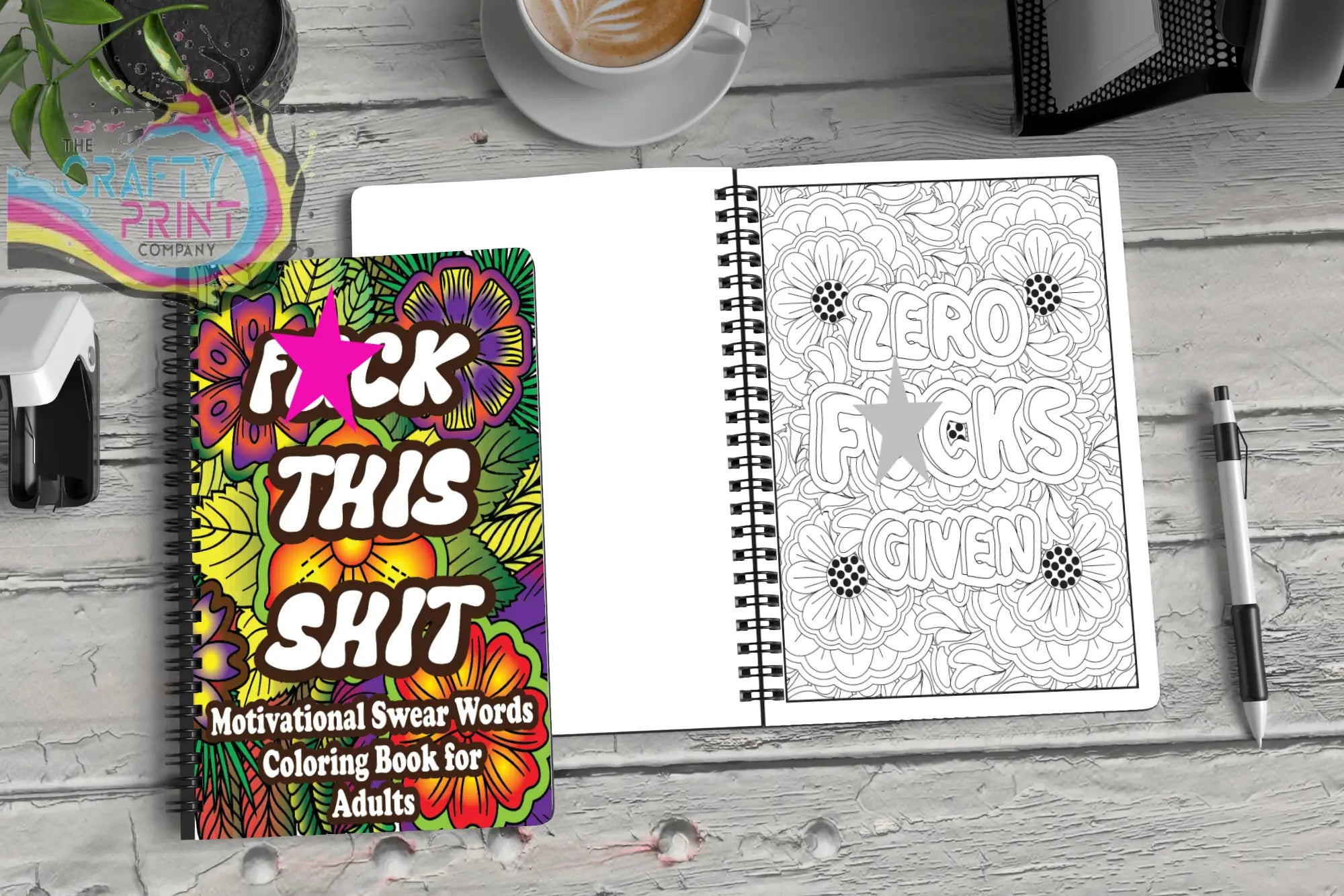Vibrant psychedelic floral swear word colouring book for adults with bold black text and pink star for motivational colouring