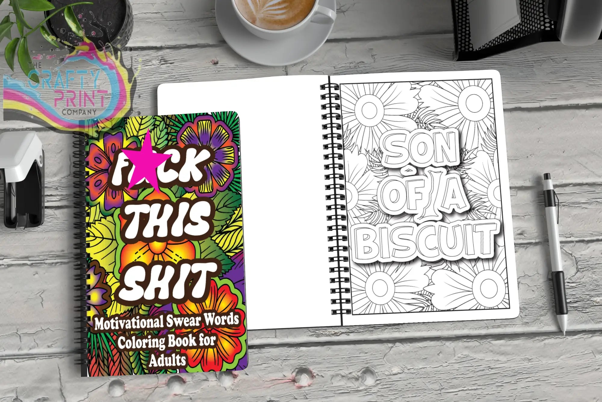 Vibrant psychedelic floral cover with bold black text and pink star on swear word motivational colouring book for adults