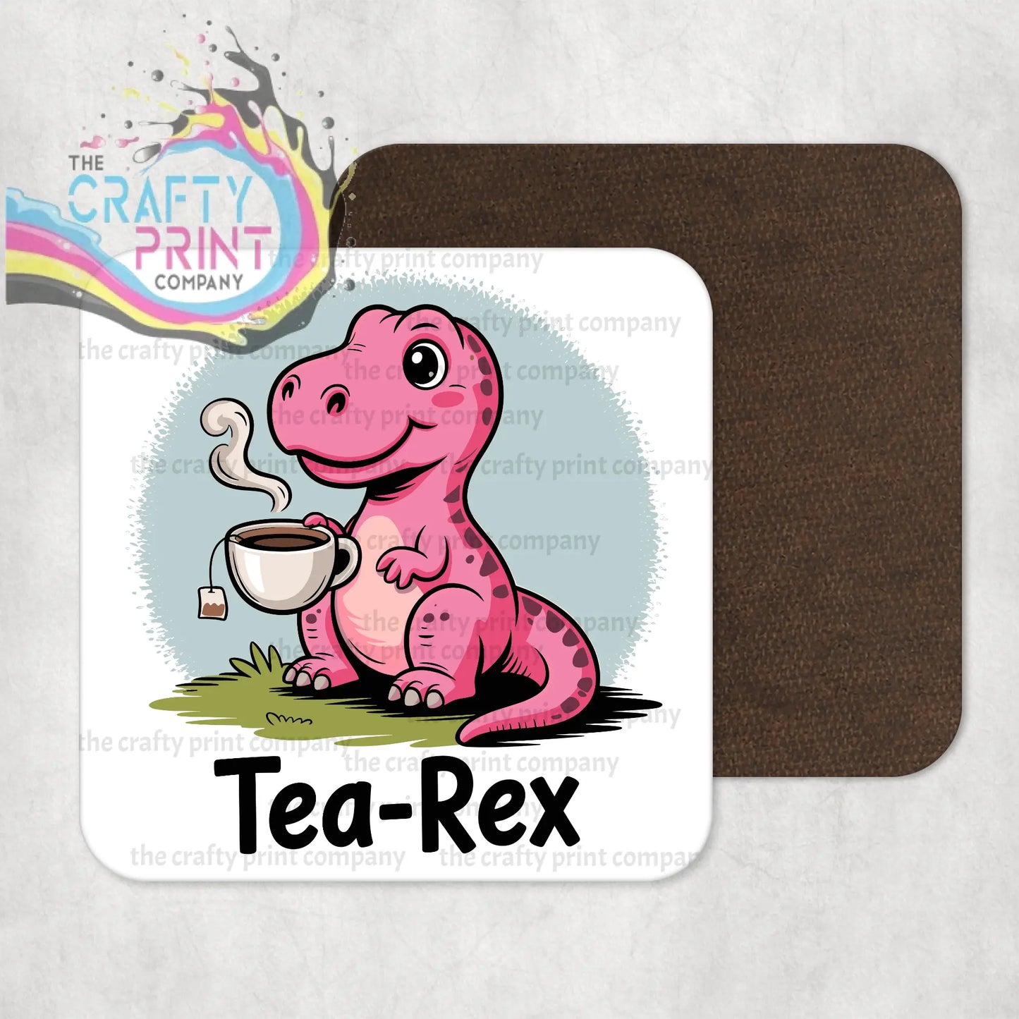 Pink cartoon dinosaur tea rex coaster with smiling dinosaur holding teacup on high gloss mdf core wipe clean surface