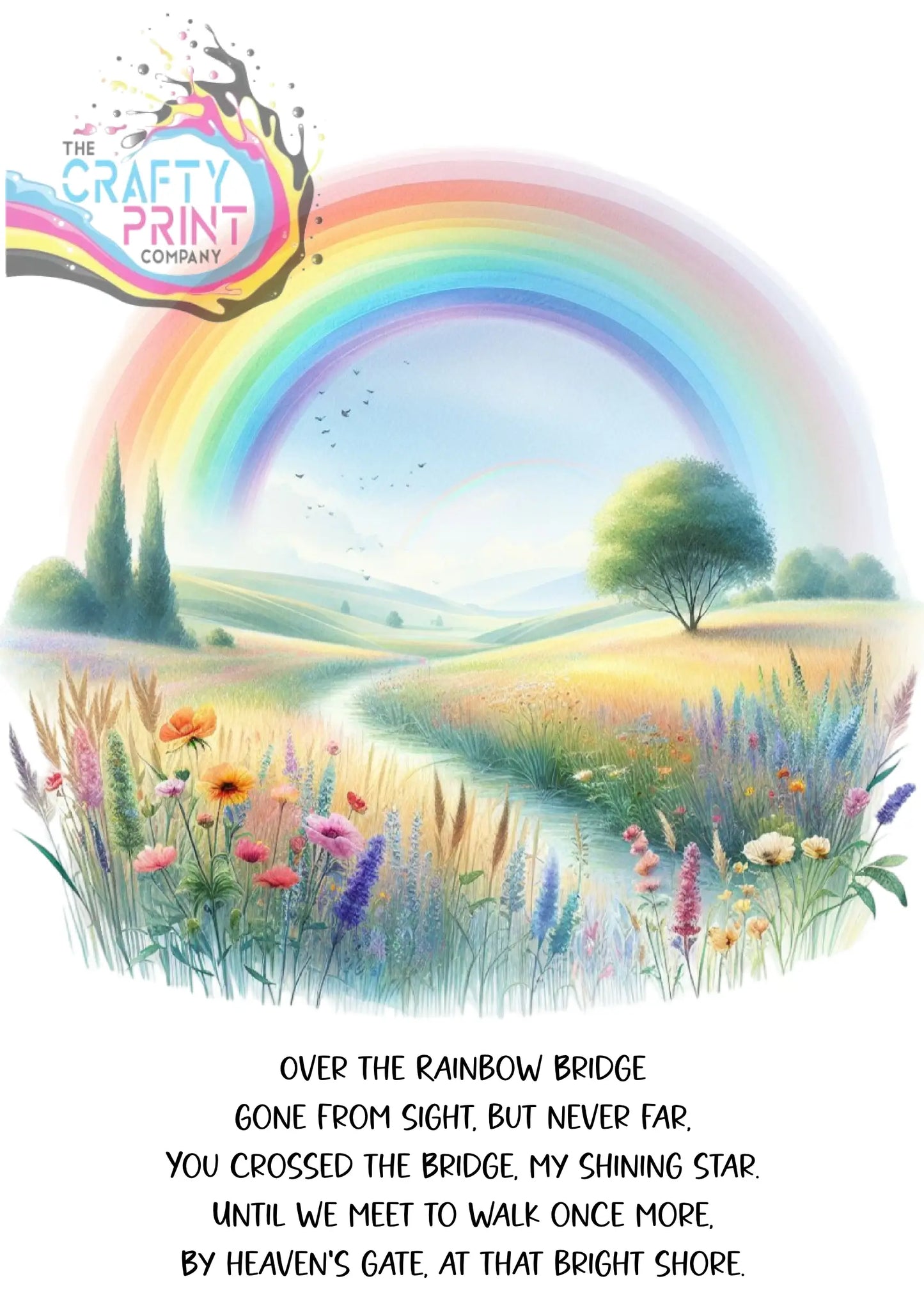 A vibrant full spectrum rainbow over rolling hills and wildflowers illustrating the test dog breed product background