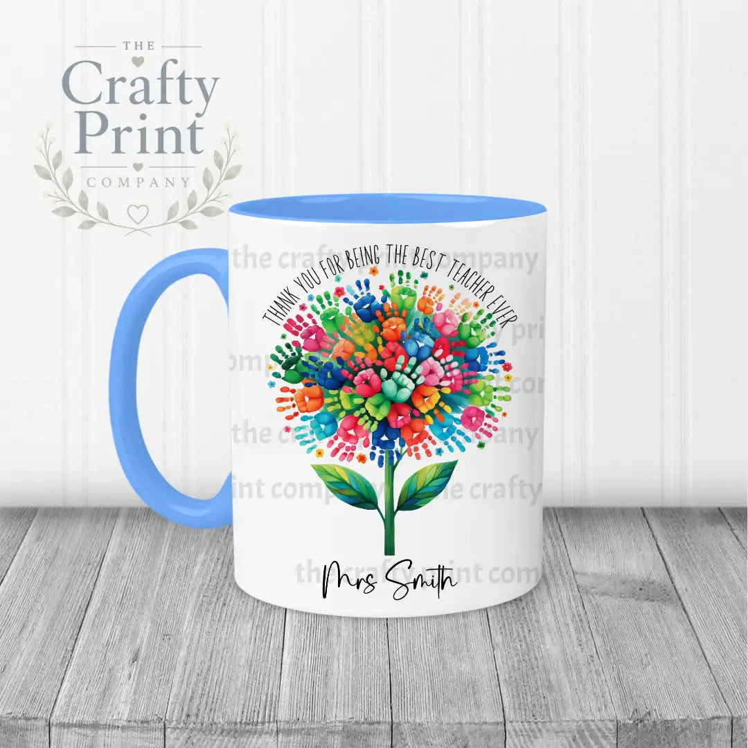 Thank You Best Ever Teacher Hand Prints Mug - Blue Handle &