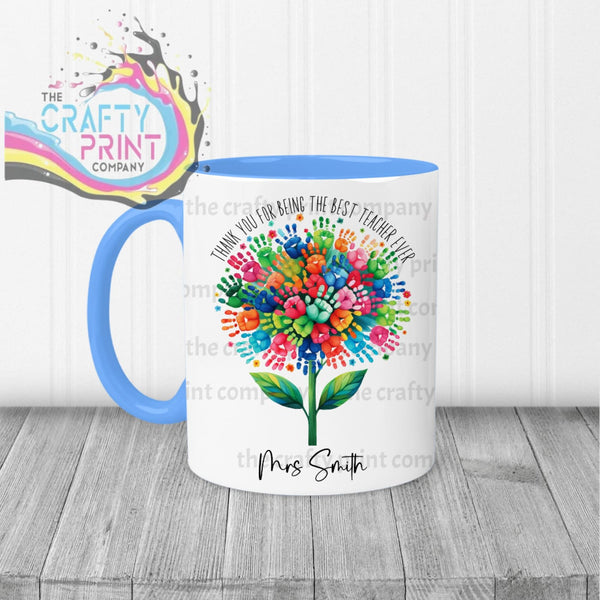 Thank You Best Ever Teacher Hand Prints Mug - Blue Handle &