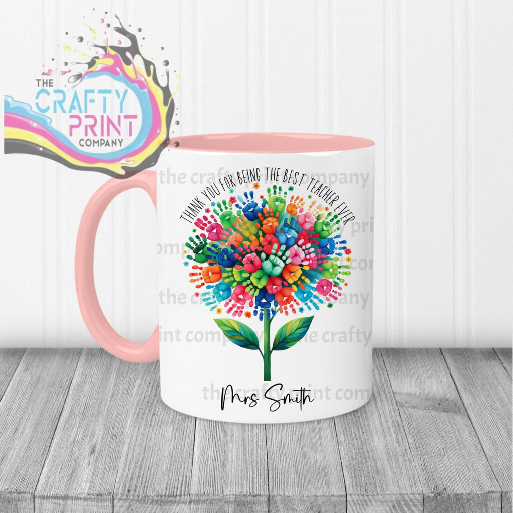 Thank You Best Ever Teacher Hand Prints Mug - Pink Handle &