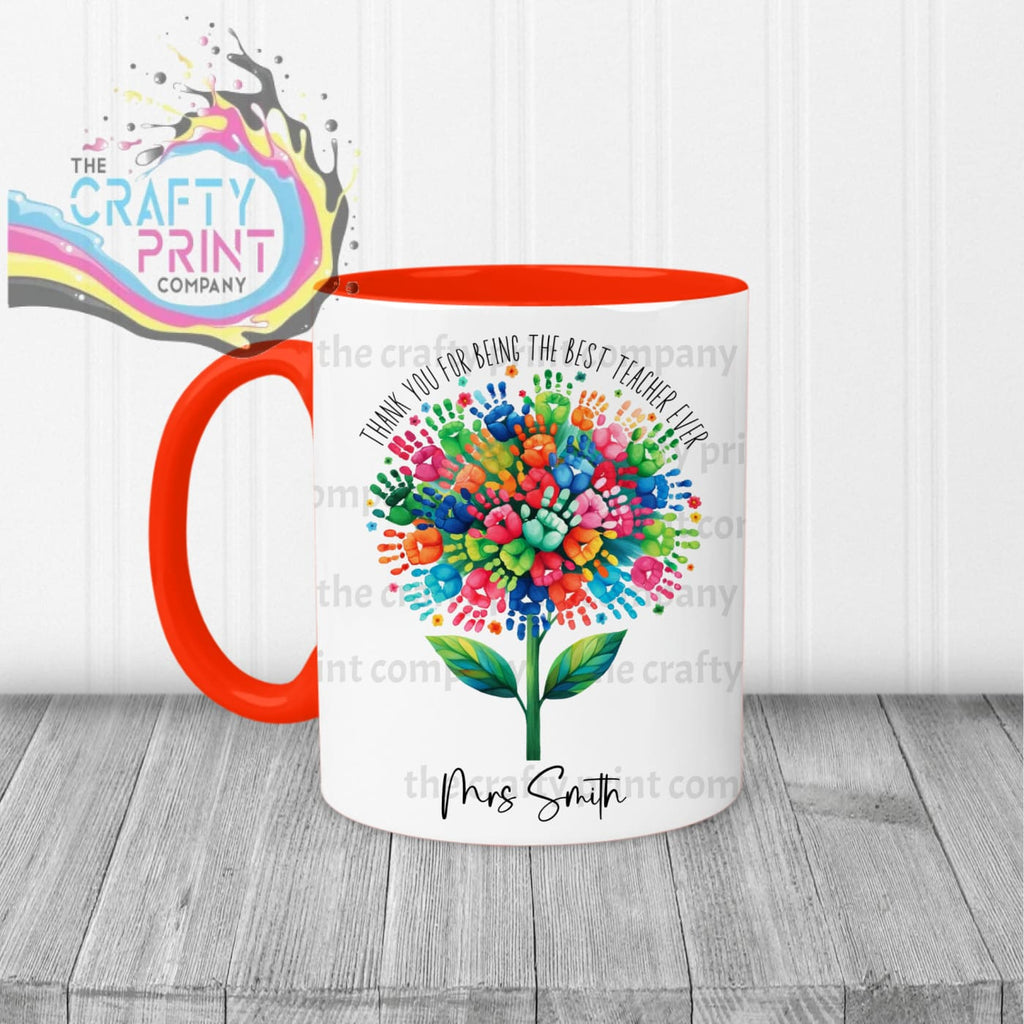 Thank You Best Ever Teacher Hand Prints Mug - Red Handle &