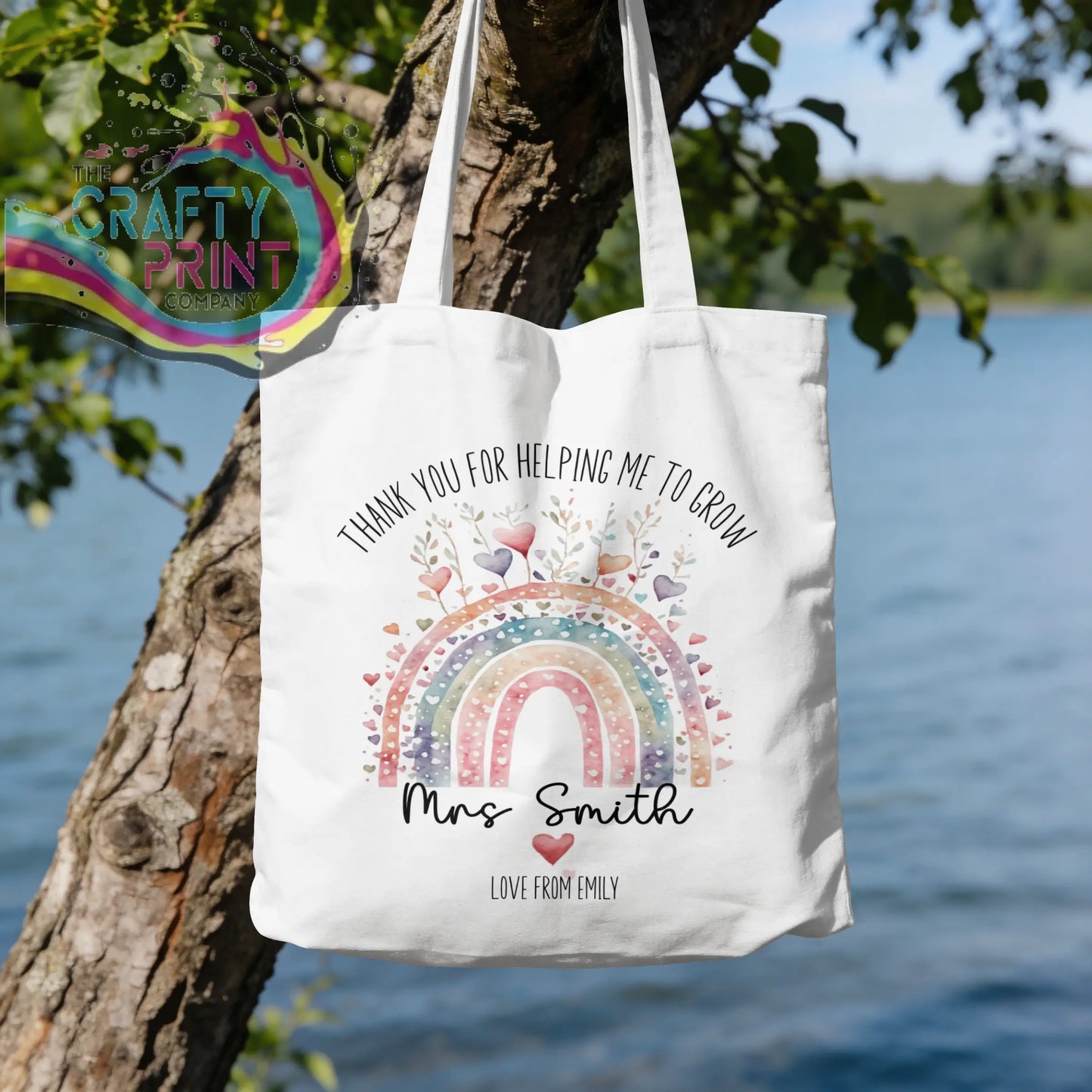White canvas tote bag with colorful rainbow hearts and personalized thank you message for grow reusable tote bag