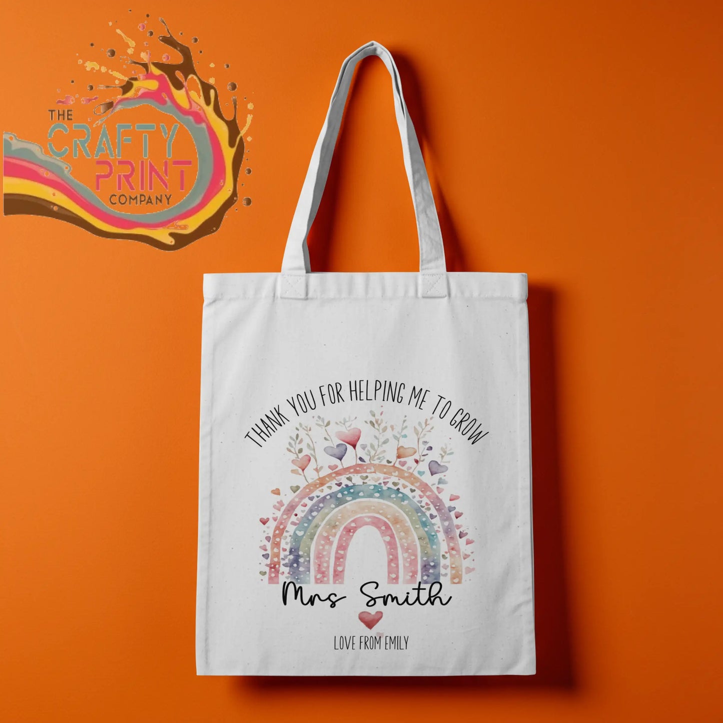 White canvas reusable tote bag with watercolor rainbow hearts and thank you for helping me to grow message with mrs name