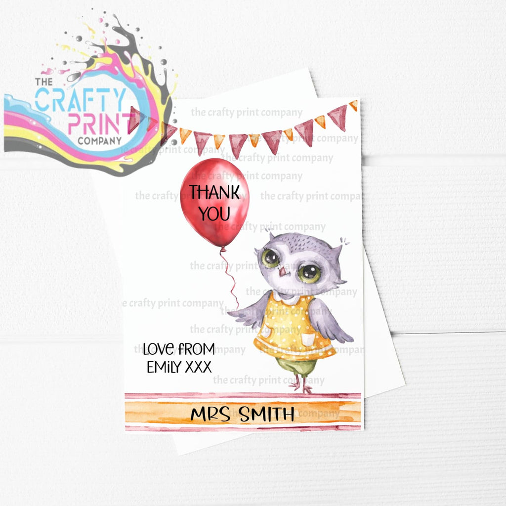 Thank you Owl Teacher Personalised A5 Card - Female -