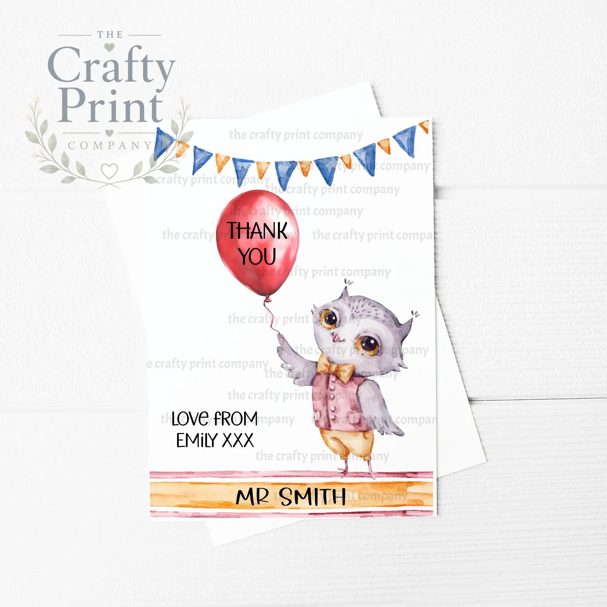 Thank you Owl Teacher Personalised A5 Card - Male