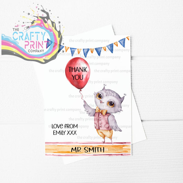 Thank you Owl Teacher Personalised A5 Card - Male