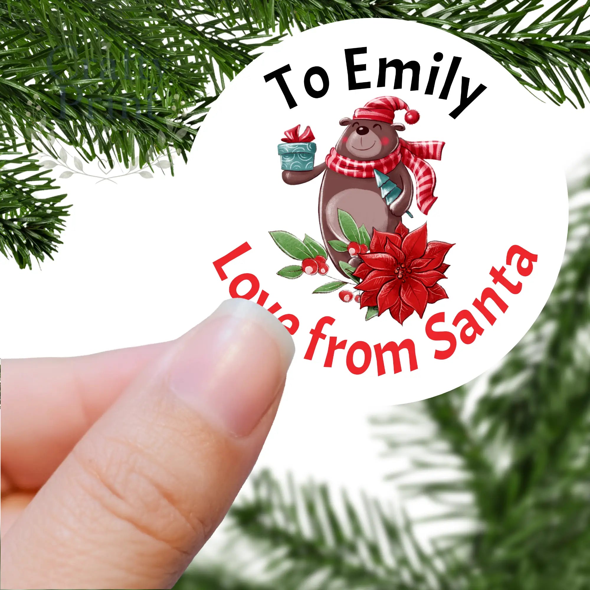 To Name Love from Santa Bear Design Printed Sticker