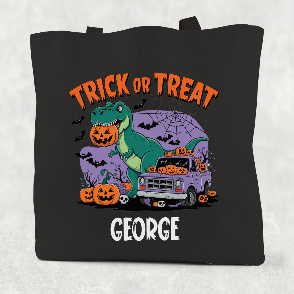Personalised Trick or Treat Dinosaur Cotton Re-usable Tote Bag