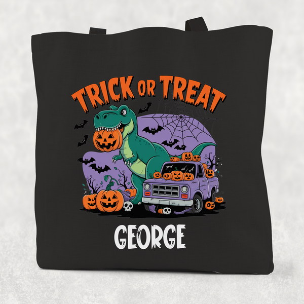Personalised Trick or Treat Dinosaur Cotton Re-usable Tote Bag