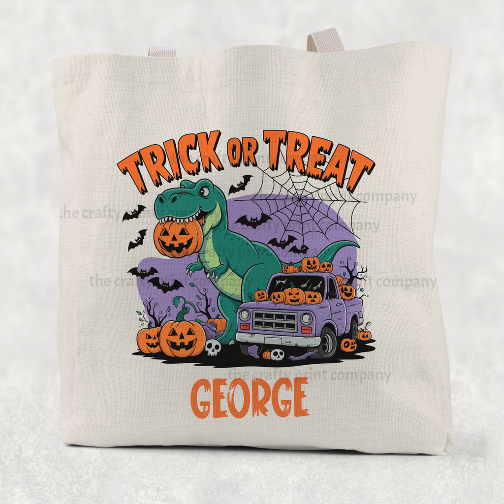 Personalised Trick or Treat Dinosaur Cotton Re-usable Tote Bag