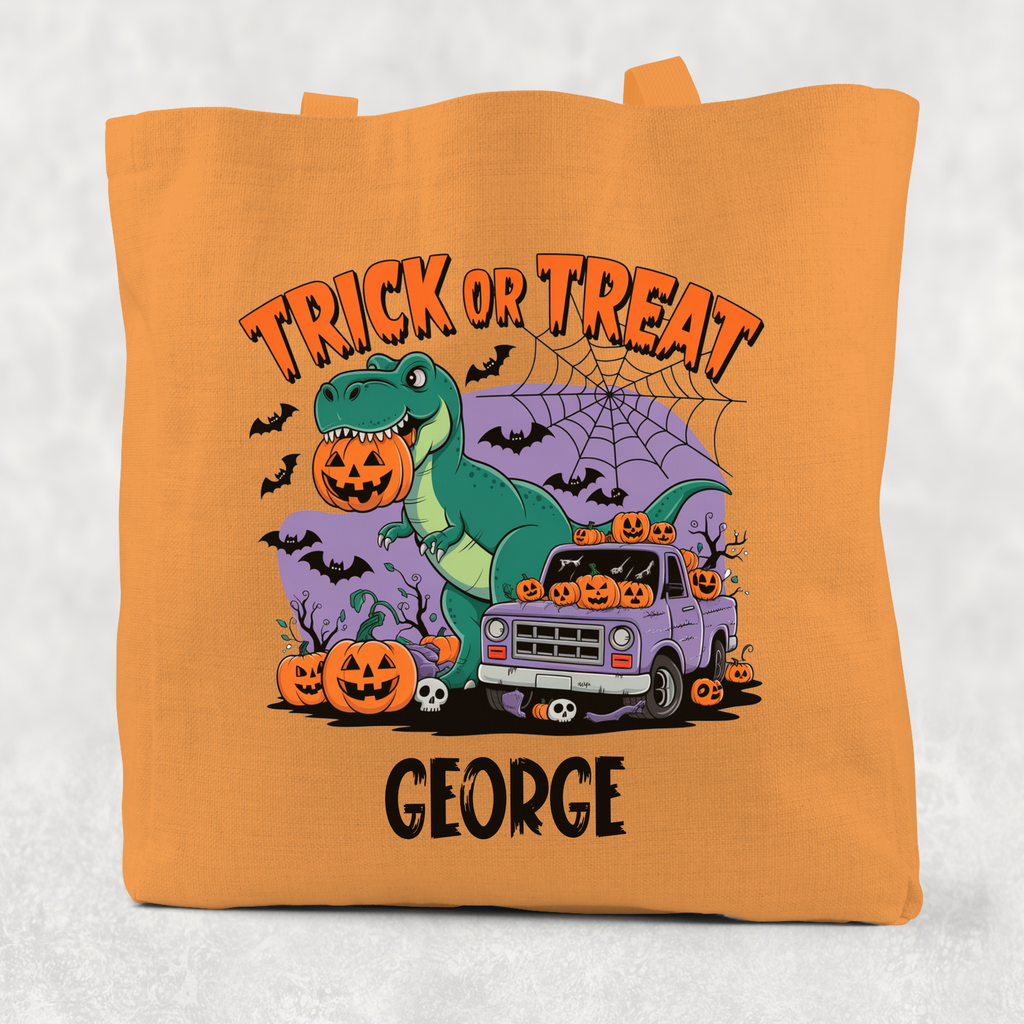 Personalised Trick or Treat Dinosaur Cotton Re-usable Tote Bag