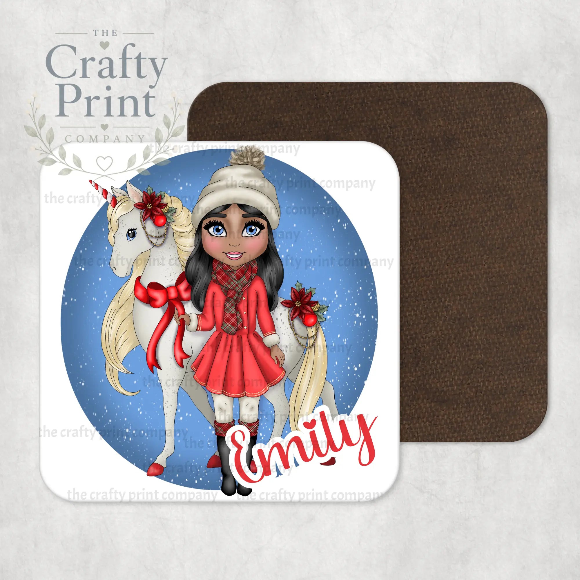 Unicorn Christmas Girl Personalised Coaster - Black Hair