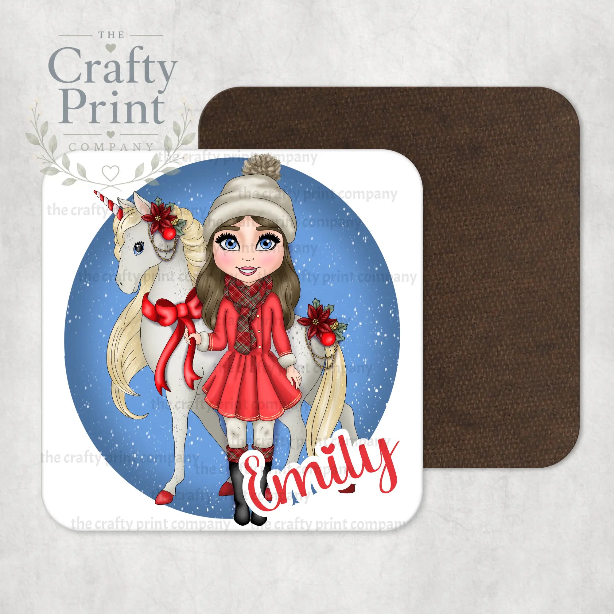 Unicorn Christmas Girl Personalised Coaster - Brown Hair