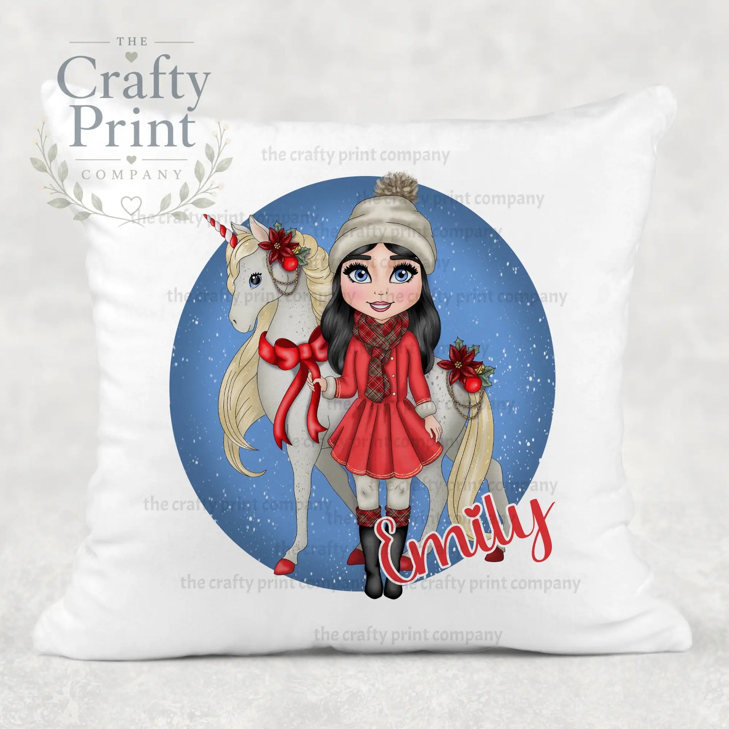 Unicorn Christmas Girl Personalised Cushion - Black Hair
