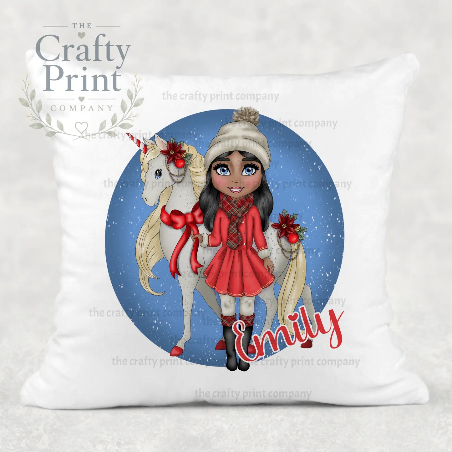 Unicorn Christmas Girl Personalised Cushion - Black Hair