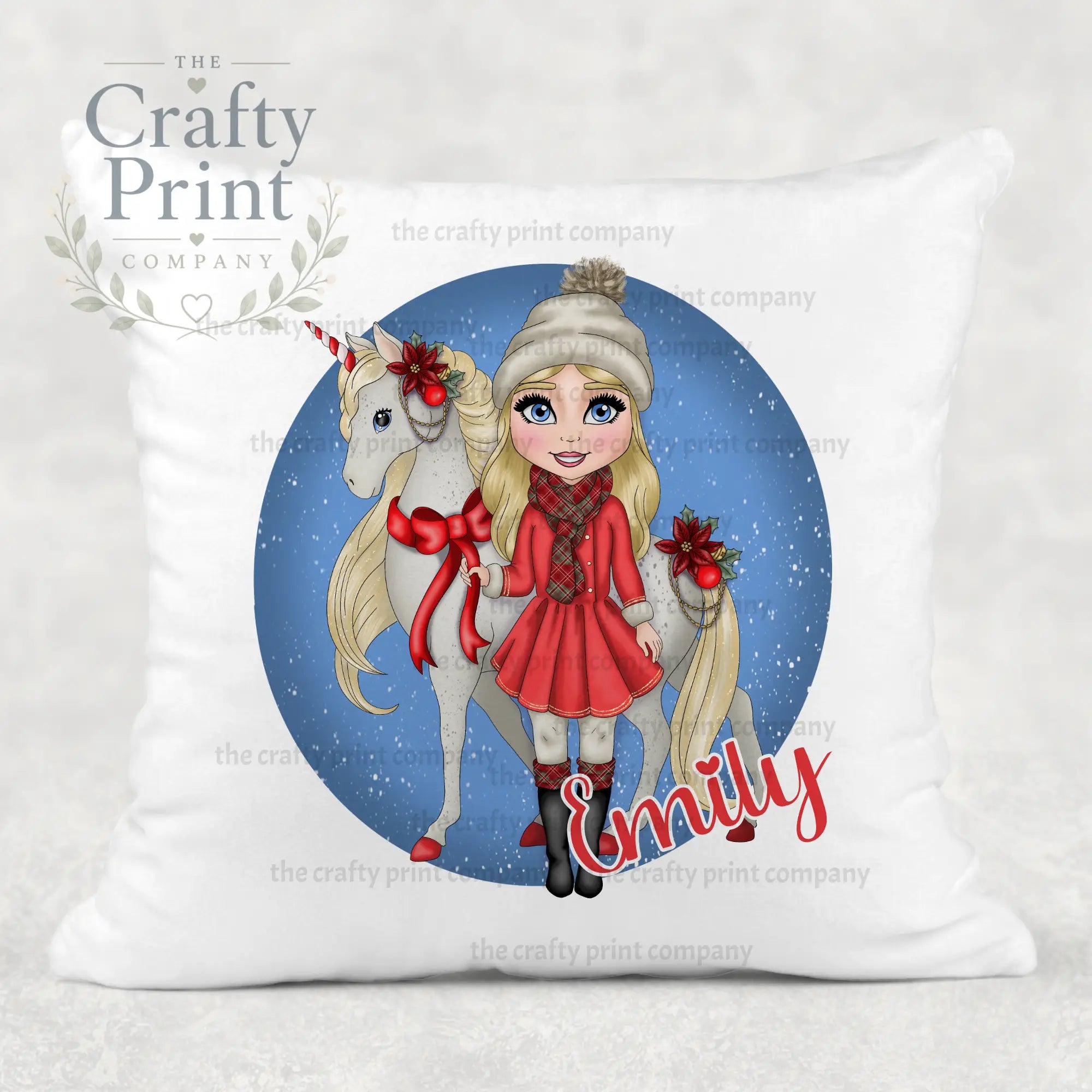 Unicorn Christmas Girl Personalised Cushion - Blonde Hair