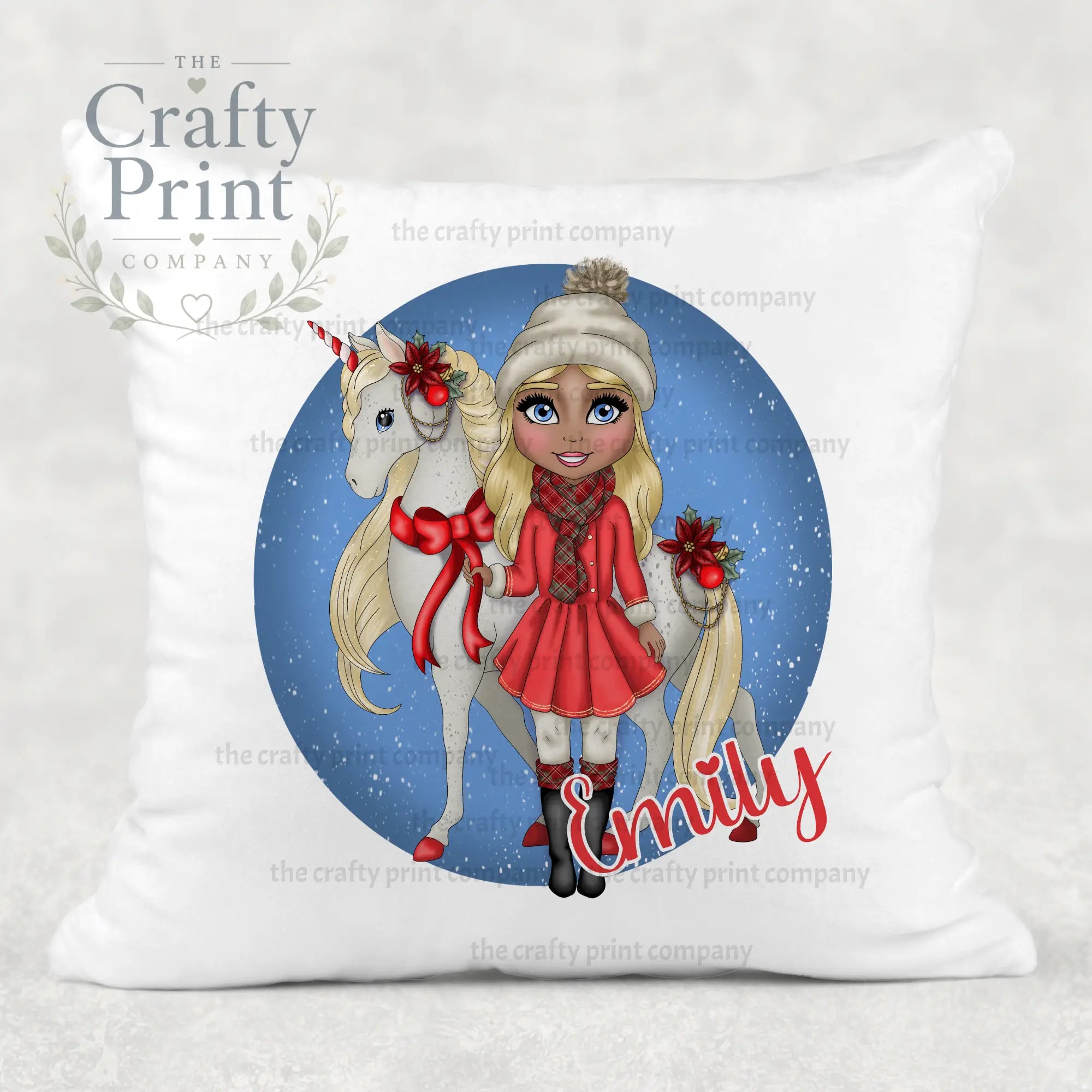 Unicorn Christmas Girl Personalised Cushion - Blonde Hair