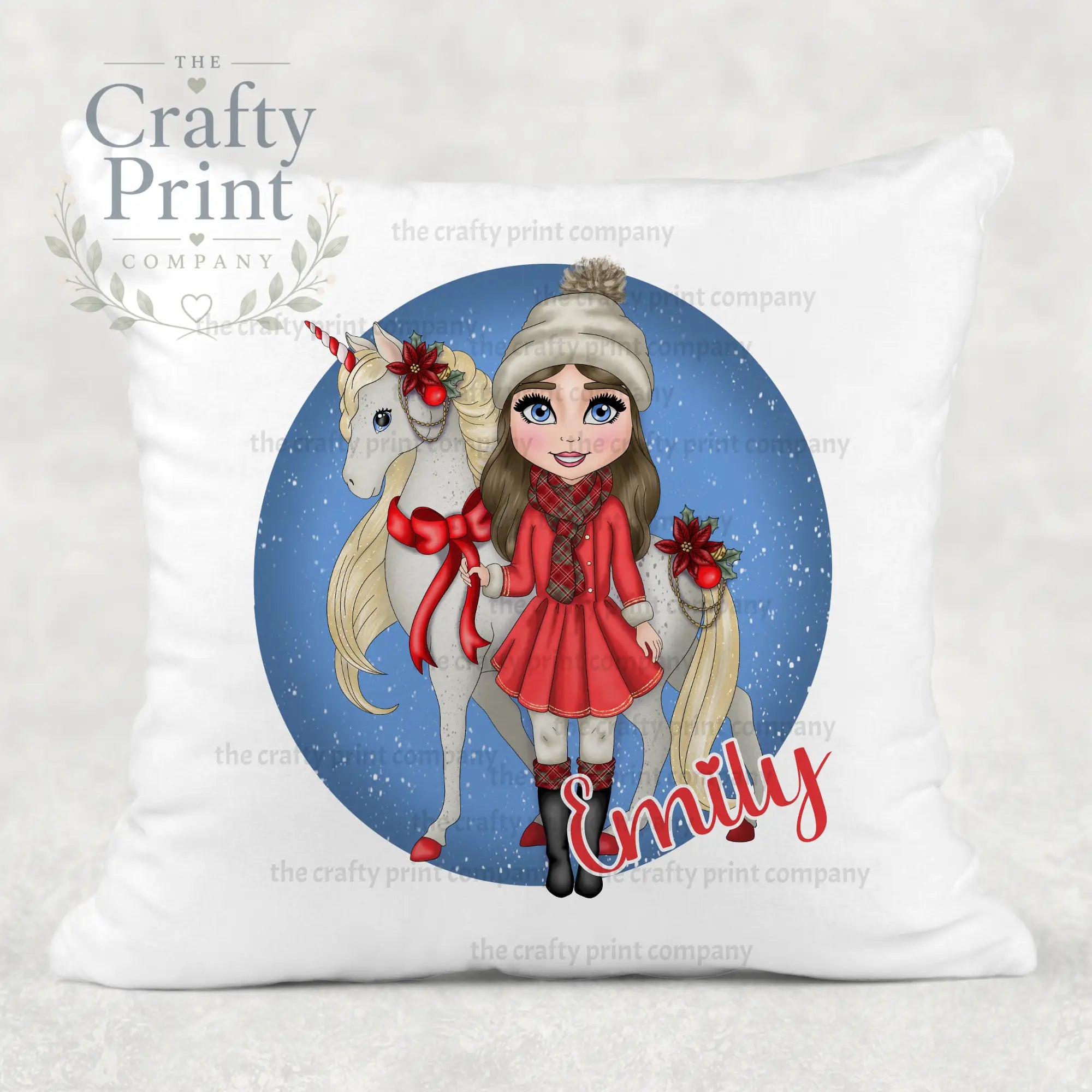 Unicorn Christmas Girl Personalised Cushion - Brown Hair