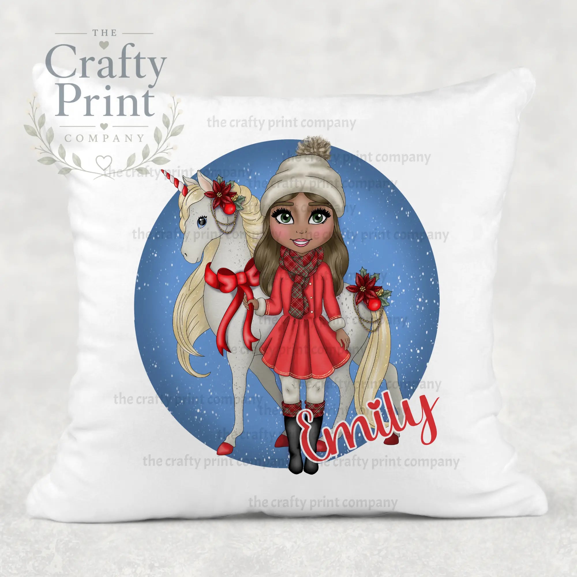 Unicorn Christmas Girl Personalised Cushion - Brown Hair