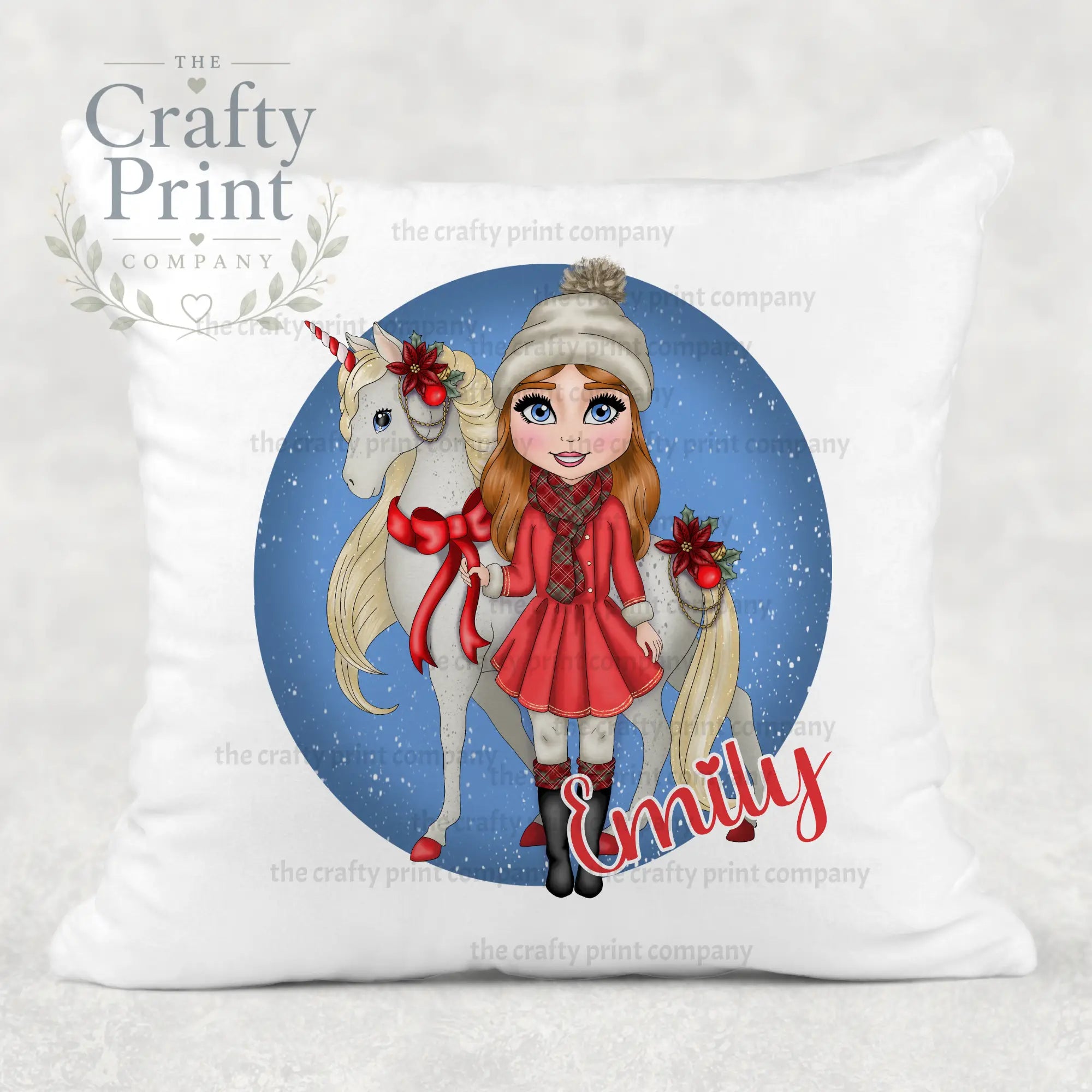 Unicorn Christmas Girl Personalised Cushion - Red Hair