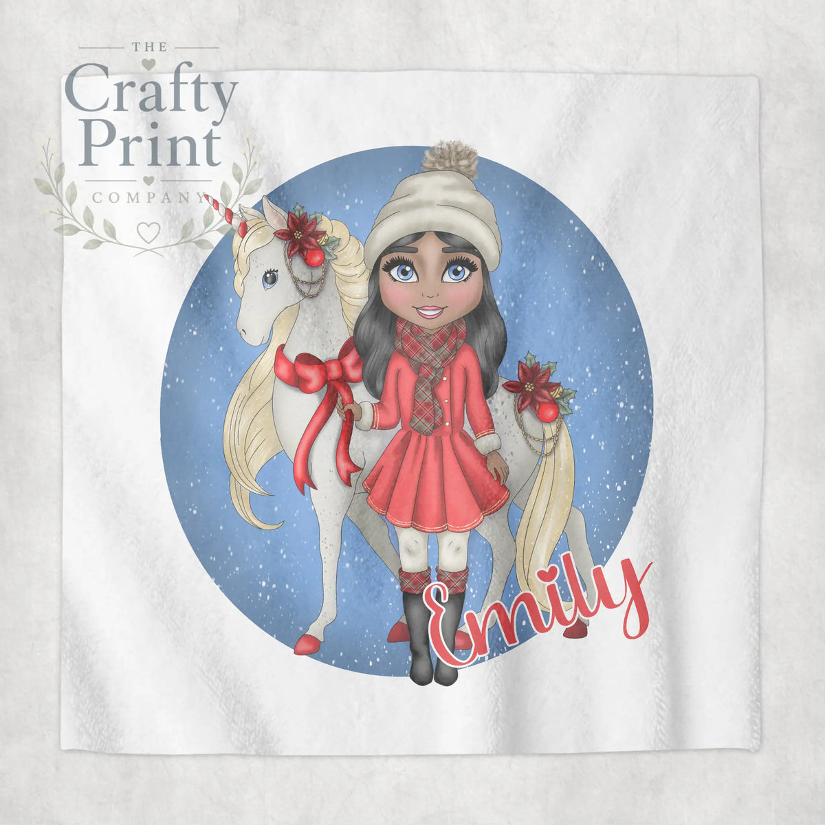 Unicorn Christmas Girl Personalised Face Cloth - Black Hair
