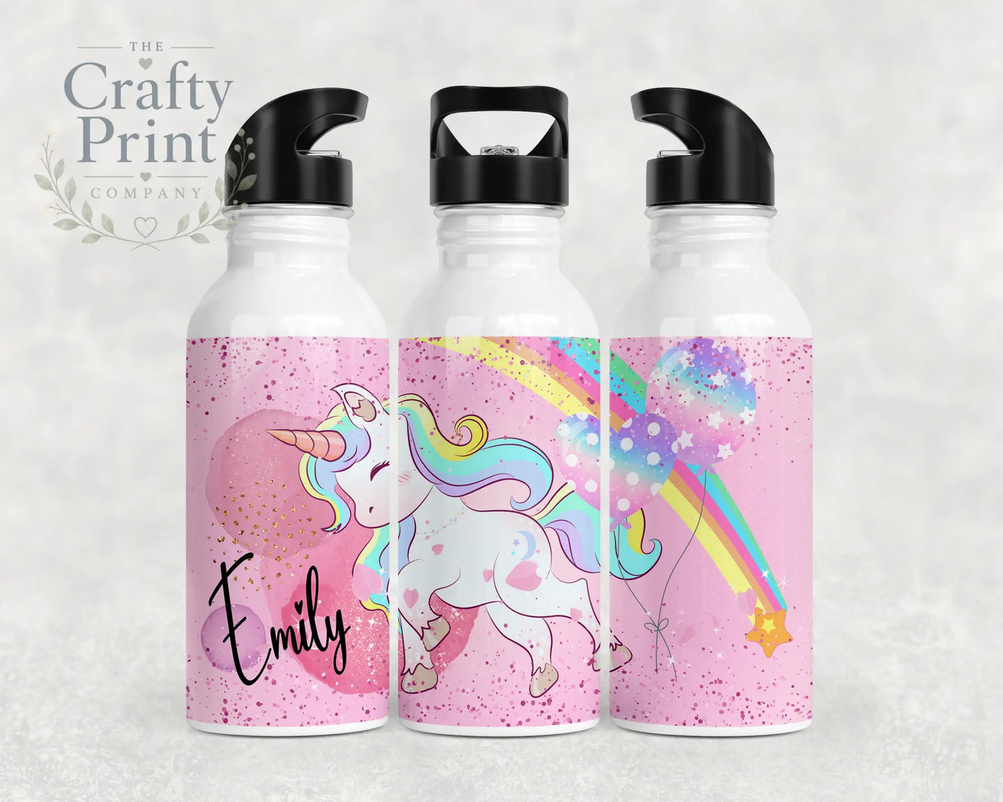 Unicorn Rainbow Personalised Water Bottle with straw