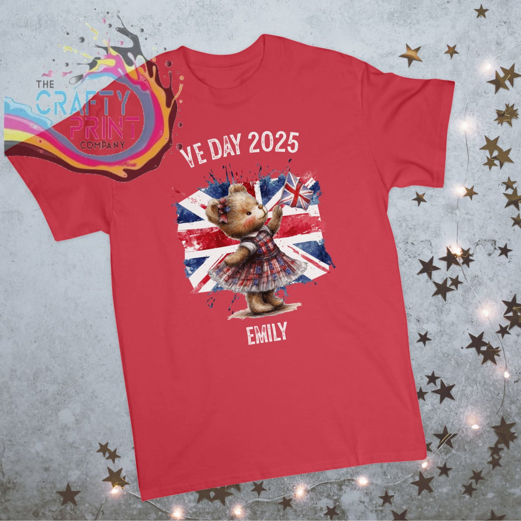 VE Day 2025 Personalised Girl Bear Children’s T-shirt - Red