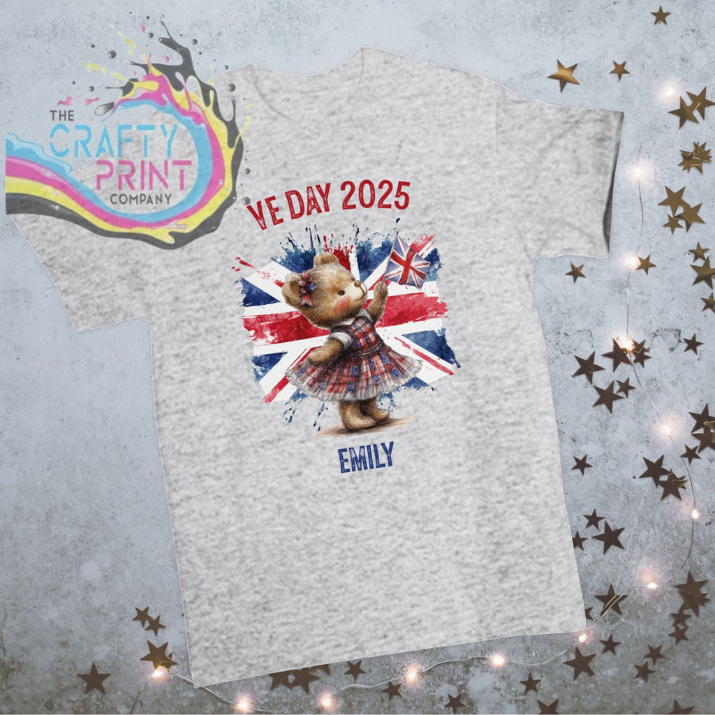 VE Day 2025 Personalised Girl Bear Children’s T-shirt