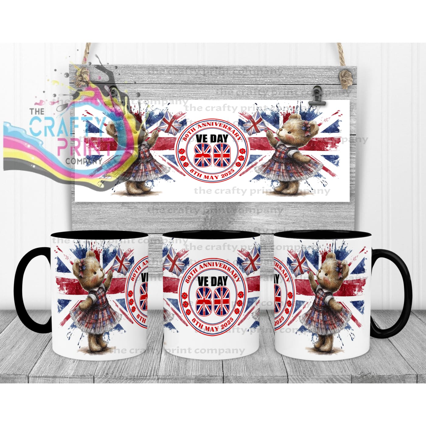 VE Day Girl Teddy Mug - Black Handle & Inner - Mugs